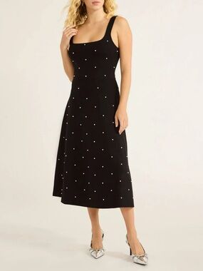 Black Midi Dress with Square Neck and Pearl Accents